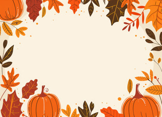Autumn background vector design with pumpkins and fall leaves frame on beige color