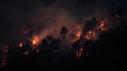 Naklejka premium Forest Fire at Night with Trees Ablaze in a Fiery Inferno