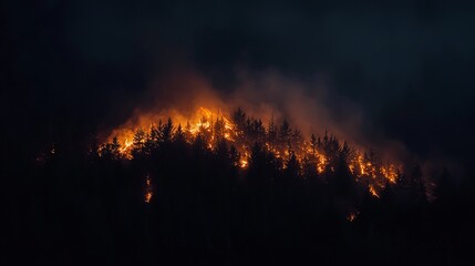 Forest Fire at Night with Trees Ablaze in a Fiery Inferno