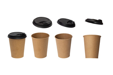 Set of disposable craft papers coffee cup with black cover isolated on white background, mock up