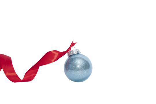 Close up of blue christmas tree ball with red strip isolated on white background. New Year concept