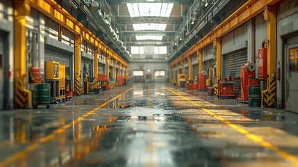 Fototapeta premium Industrial Warehouse Interior with Wet Floor - 3D Illustration