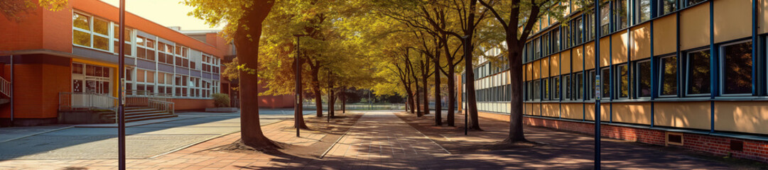 High school or college outdoors space with sunlights in the morning, education concept or banner