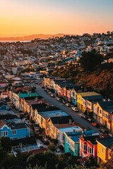 Bird's-eye view of a coastal city at twilight, with the last light of the day casting a golden hue over the colorful houses and streets. 