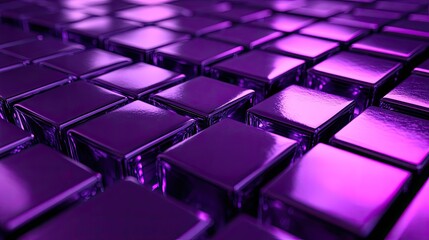 Obraz premium 3D purple background with metallic cubes and a reflective surface.
