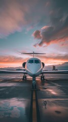 Obraz premium A private jet awaits its flight against a vibrant sunset sky filled with clouds