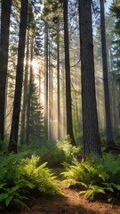 Obraz premium Serene forest landscape misty morning light and t