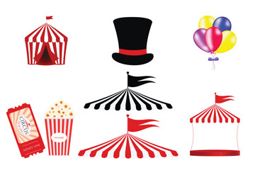 set of circus icon,
circus set of tent,balloons, ticket,striped tent,popcorn,hat ,vector illustration.