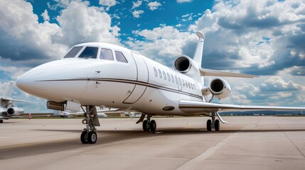 Obraz premium A sleek private jet rests on the tarmac, showcasing its polished exterior amidst a stunning sky