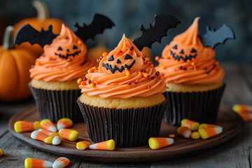 Platter of Halloween-themed cupcake adorned with fondant bats and pumpkins surrounded by candy corn against a rustic wooden background