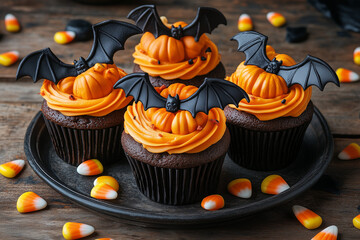Platter of Halloween-themed cupcake adorned with fondant bats and pumpkins surrounded by candy corn against a rustic wooden background