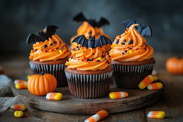 Platter of Halloween-themed cupcake adorned with fondant bats and pumpkins surrounded by candy corn against a rustic wooden background