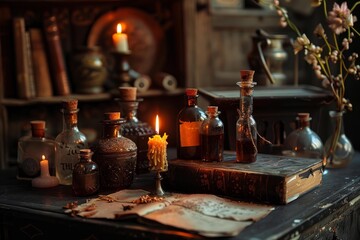 Alchemist's table is glowing in candlelight, displaying potions, ingredients, and ancient texts, hinting at the practice of alchemy