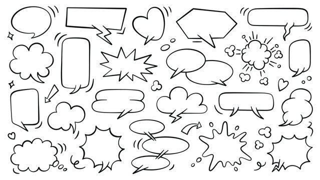 Empty hand drawn comic speech bubble collection. Set of monochrome doodle clouds. Retro comic speech templates for dialogues