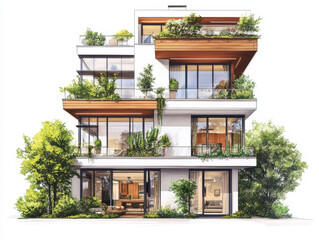 realistic, detailed, illustration, modern house, multi-story, white background, balconies, large windows, rooftop garden, outdoor seating area, greenery, potted plants, small trees, natural feel, cozy