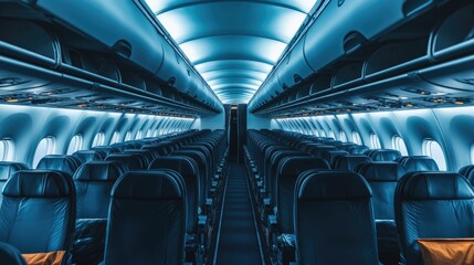 Fototapeta premium A panoramic view of an empty airplane cabin, highlighting the seat rows and overhead compartments
