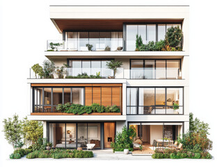 Fototapeta premium realistic, detailed, illustration, modern house, multi-story, white background, balconies, large windows, rooftop garden, outdoor seating area, greenery, potted plants, small trees, natural feel, cozy