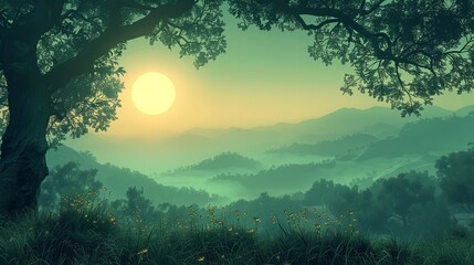 photo of surreal green landscape with hills and mountains