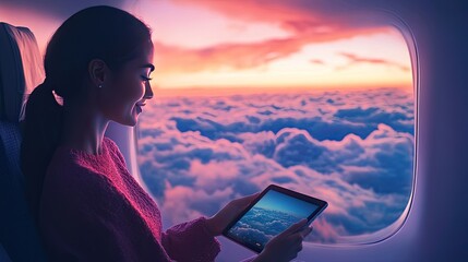 A vibrant photo of a woman enjoying her flight, using a tablet to stay connected, with a beautiful cloud view outside