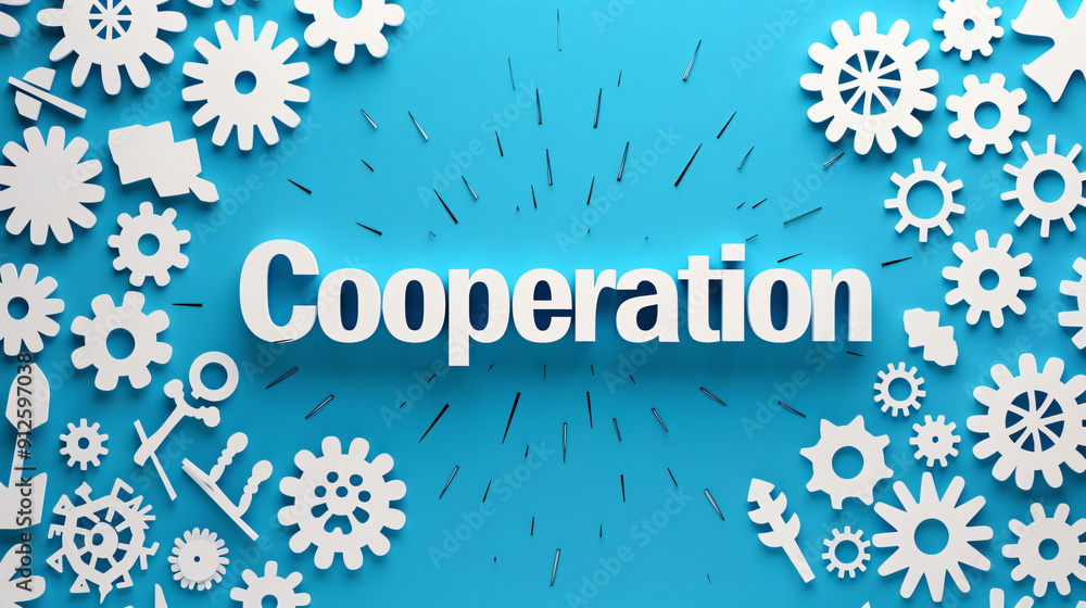 Poster 3d rendering of the word cooperation surrounded by white gears on a blue background