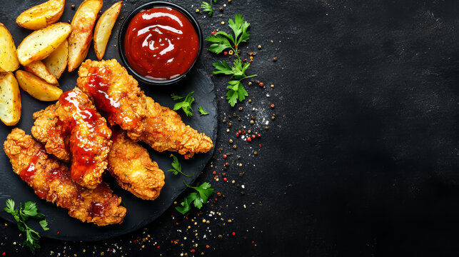 Crispy chicken strips with BBQ sauce and potato wedges, arranged on a black background with space for text.