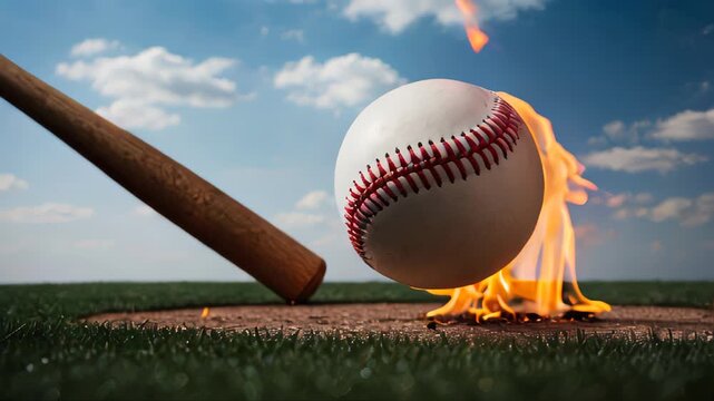 Baseball ball on fire with baseball bat, sports concept.