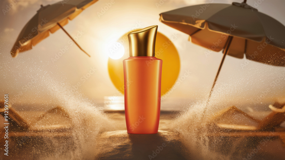 Poster A bottle of perfume sitting on a beach with two umbrellas, AI