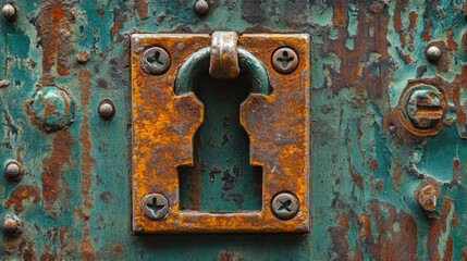Close-up of a rusty metal door with a keyhole.