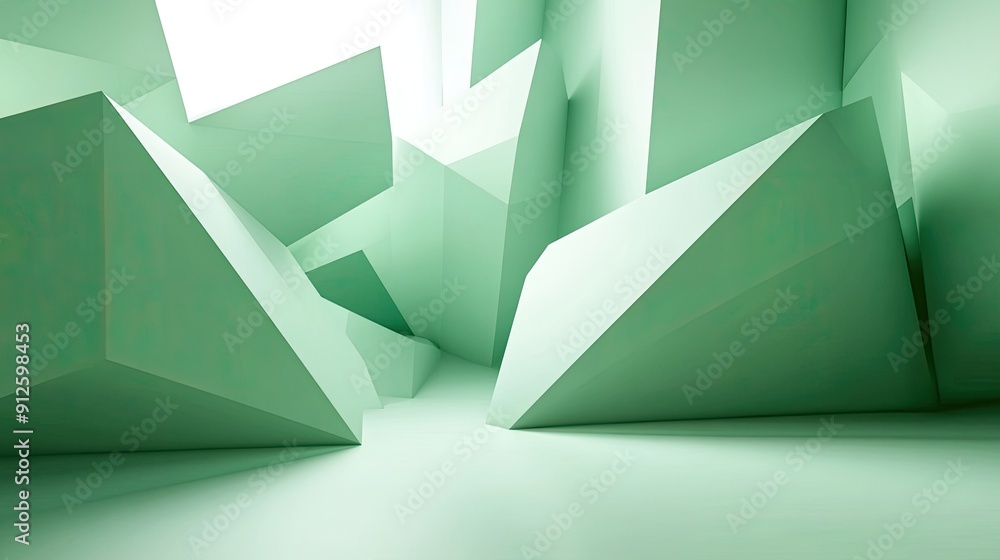 Poster abstract 3d light green background with geometric shapes and light shadows, creating a sense of dept