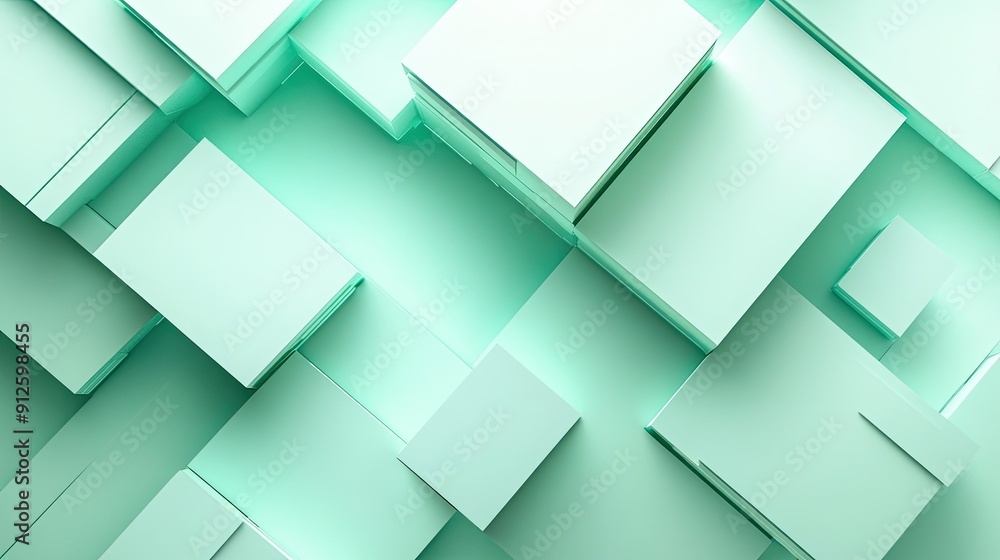 Poster abstract 3d light green background with geometric shapes and light shadows, creating a sense of dept