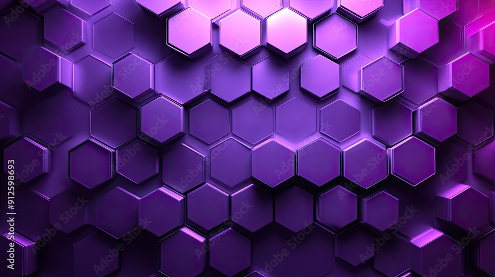 Poster abstract 3d purple background with hexagonal tiles and gradient lighting.