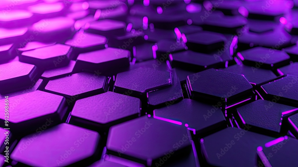 Poster abstract 3d purple background with hexagonal tiles and gradient lighting.