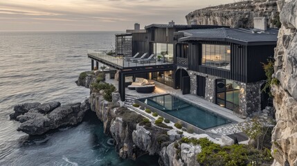 beautiful black villa on the edge of cliff by the ocean with rocky cliffs and cozy pool, ornate details, elegant architecture