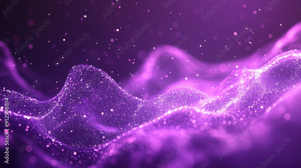 Poster abstract 3d purple background with interconnected, floating particles and soft glow.