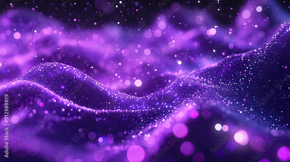 Poster abstract 3d purple background with interconnected, floating particles and soft glow.