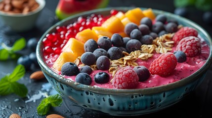 A bowl of fruit with blueberries, raspberries, and other fruits
