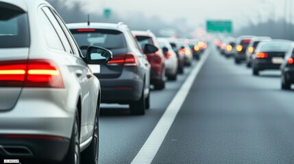 A highway with a long line of idling cars emitting exhaust fumes
