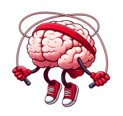 Energetic Cartoon Brain Skipping Rope with Red Sneakers and Headband in a Dynamic Pose on a Transparent Background