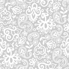 Doodle style white flowers on grey background, abstraction. Seamless floral pattern-360.