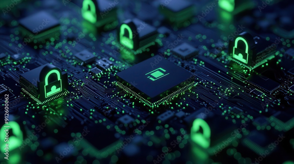 Poster cybersecurity interface with digital locks and shields illustrating data protection and it security
