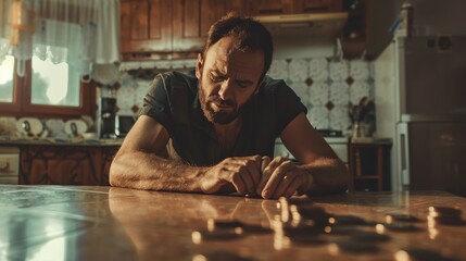 A man reflects deeply as he sits at a kitchen table scattered with coins