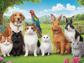 Obraz premium A group of adorable pets, including a dog, cat, parrot, and rabbits, gathered in a vibrant garden filled with colorful flowers, creating a cheerful and harmonious outdoor scene.