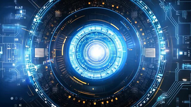 Futuristic digital interface with a blue circular pattern, resembling a high-tech virtual dashboard. Ideal for technology and sci-fi concepts.

