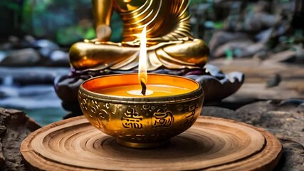 A serene Buddha statue sits in deep meditation surrounded by glowing candles and delicate flowers, creating a tranquil atmosphere that evokes peace, spirituality, and mindfulness