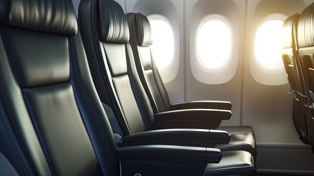 Empty premium economy seats in an airplane, featuring additional legroom and sleek, modern seat design
