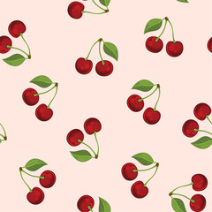 Seamless Pattern with Red Cherry and Green Leaves on Pink Background. Vector.