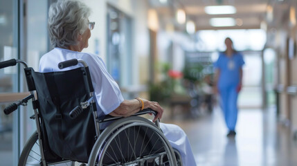 Obraz premium Senior person in wheelchair in hospital corridor with nurse
