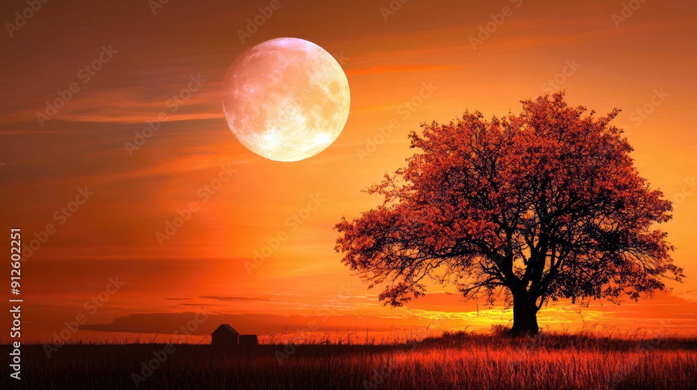 Poster a large orange moon is in the sky above a tree. the tree is in a field with a small house in the bac