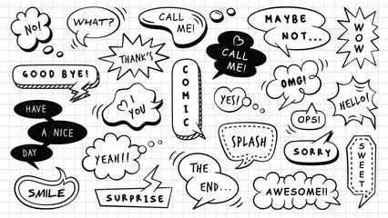 Cartoon comic speech bubble collection. Set of hand drawn doodle clouds. Retro comic speech dialogues.