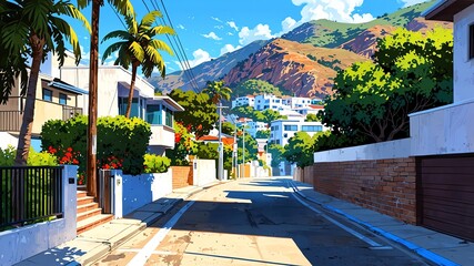 Fototapeta premium a street in a beach in california usa aesthetic anime style for background